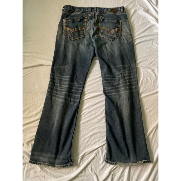 BKE Tyler Mens Distressed Bootcut Jeans Size 38x32 Blue Denim Cotton/Spandex - Picture 1 of 10